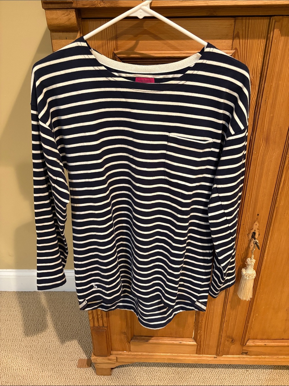 Joules Navy and White Striped Top with Pink Label US size 6